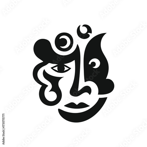 Abstract Human Face Symbol Art. Stylized graphic illustration portraying a complex emotional visage. Represents identity, duality, and thoughtful introspection in a contemporary artistic style.
