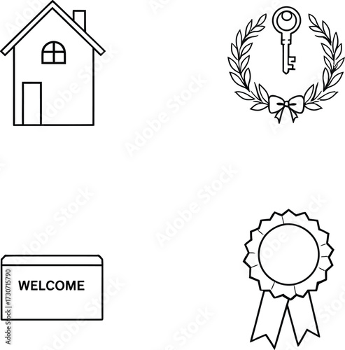 Homeownership Icon Set Vector Featuring House, Key Wreath, Welcome Sign, and Award Ribbon in Black Line Art Style