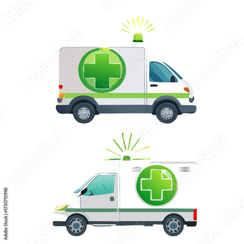 Flat vector showing an ambulance with a glowing green awareness symbol instead of a siren, representing mental health in crises.