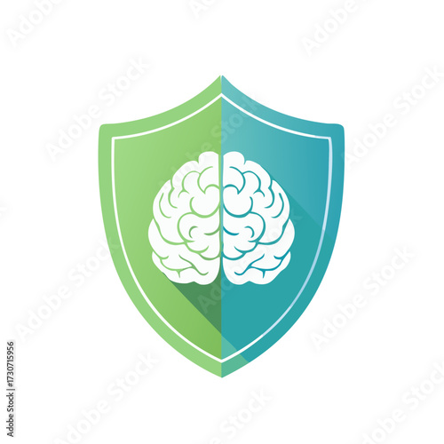 Minimalist vector of a brain enclosed inside a protective shield, symbolizing mental health services in emergencies and disasters.