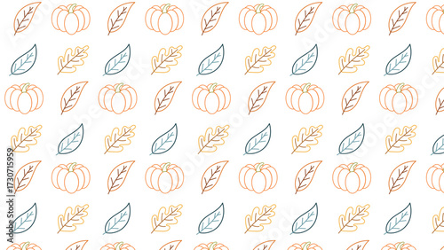 Seamless Fall Outline Pattern with Pumpkins and Autumn Leaves