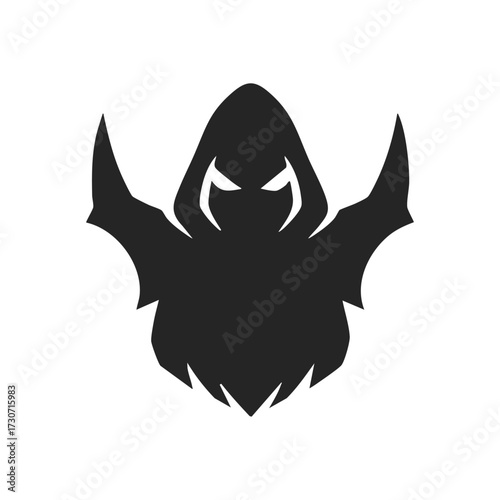 Dark Hooded Entity Silhouette. A haunting black cloaked figure with menacing glowing eyes on a pure white background. It conveys mystery, power, and the supernatural.