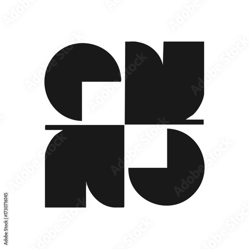 Modern Geometric Black White Pattern. This symmetrical arrangement of curvilinear and angular forms creates a cohesive emblem. It conveys balance, unity, and sleek simplicity.