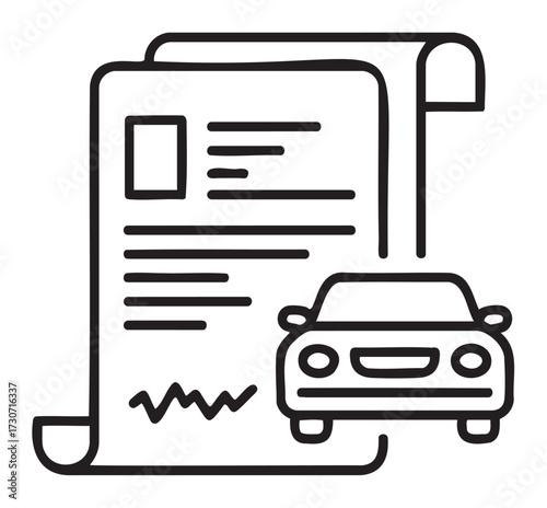 Outline of document with car symbolizing automobile documentation or insurance - stock vector