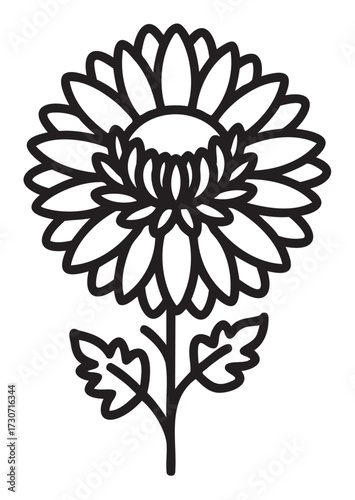 Black and white sunflower outline with detailed petals and leaves - stock vector