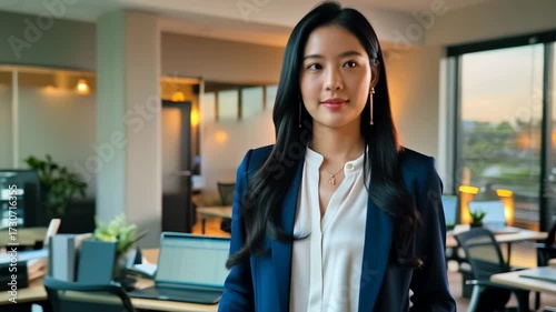 A woman walks confidently through a stylish office, demonstrating professionalism as evening light streams through the windows.