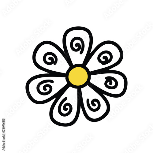 Whimsical Doodle Daisy Blossom. A playful, artistic bloom illustration with a bright yellow core and white petals. This cheerful image symbolizes innocence and natural charm.