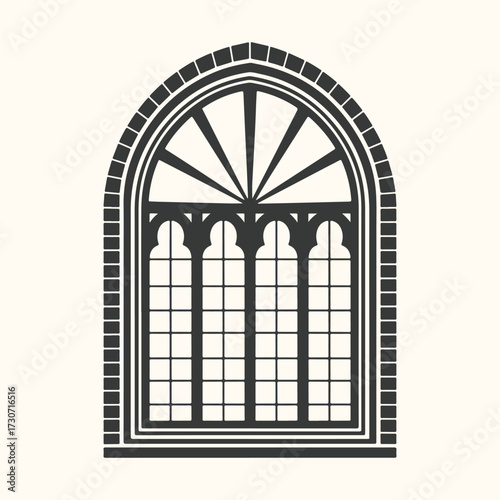 Vector art of gothic arched window with brick surround, featuring intricate tracery and mullions, a classic architectural element symbolizing history and tradition, isolated on a light background