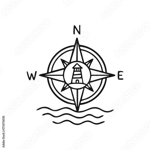 Nautical Compass Lighthouse Emblem. A minimalist ocean illustration featuring a guiding beacon within a navigational star. This symbolic artwork signifies safe journeys, exploration, and discovery.