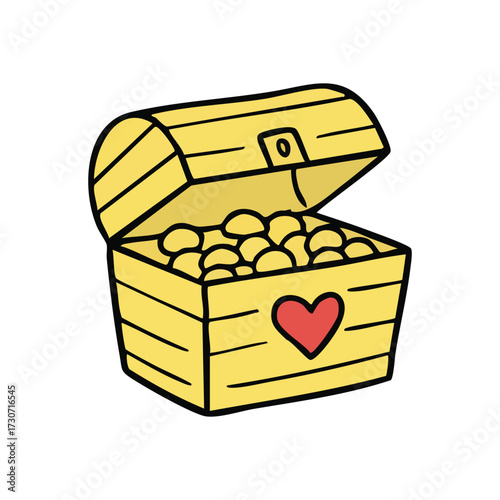 Golden Treasure Chest Heart. This charming drawing shows an open container filled with sparkling riches. A vivid crimson symbol of devotion represents true value and cherished feelings.