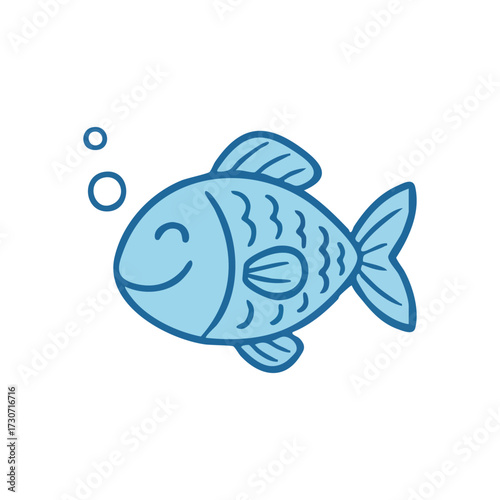 Adorable Blue Fish Illustration. A delightful marine creature with a smiling countenance and bubbles, representing innocence and underwater fun.