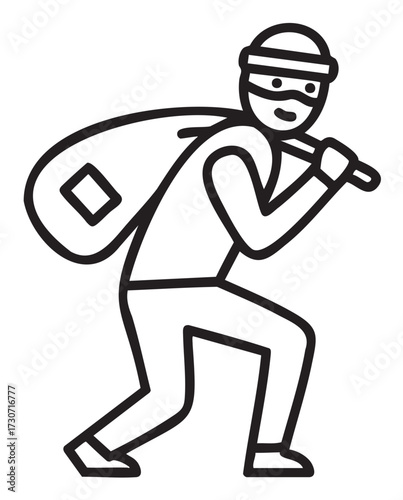 Cartoon burglar icon drawing with sack and mask in black and white - stock vector