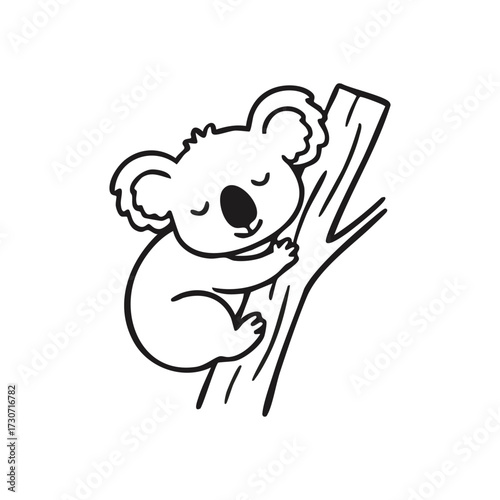 Cute Koala Sleeping on Branch. This charming drawing depicts a tranquil marsupial peacefully slumbering on a sturdy eucalyptus tree. It embodies serenity and innocence.