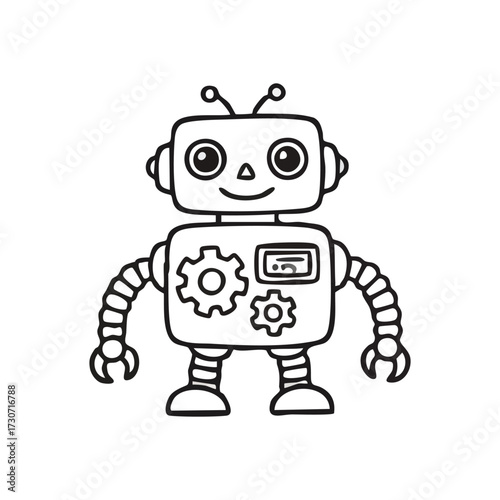 Smiling Android Drawing. This cheerful mechanical character with gears and antennae symbolizes futuristic tech and artificial intelligence, ideal for young minds.