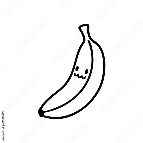 Adorable Kawaii Banana Drawing. Charming hand-drawn fruit graphic featuring a delightful simple character. This pleasant artwork conveys a wholesome, playful, and cheerful mood.