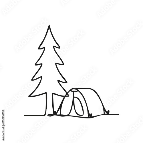Minimalist Camping Tree Line Art. This basic graphic portrays an outdoor excursion featuring a shelter and conifer. Symbolizes serenity, liberation, and discovery in the wild.