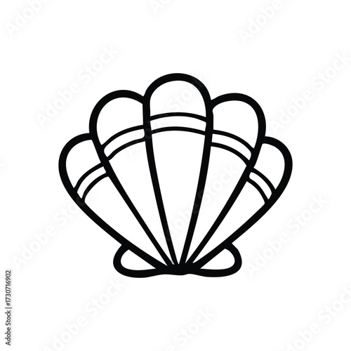 Black Outline Seashell Graphic. A minimalist contour drawing of a marine bivalve. This artistic creation evokes tranquil coastal escapes and joyful summer recollections.
