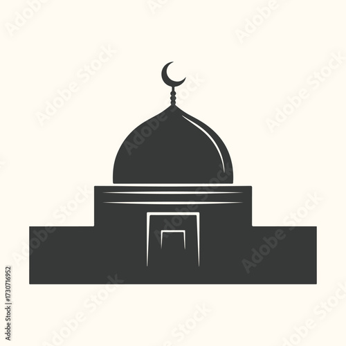 Vector art of silhouette of a mosque with a dome and crescent moon on top, symbolizing islamic architecture and religious faith, isolated on a light background