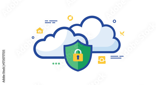 Secure cloud storage shield with padlock icon symbolizes digital safety and data protection for modern businesses and personal use