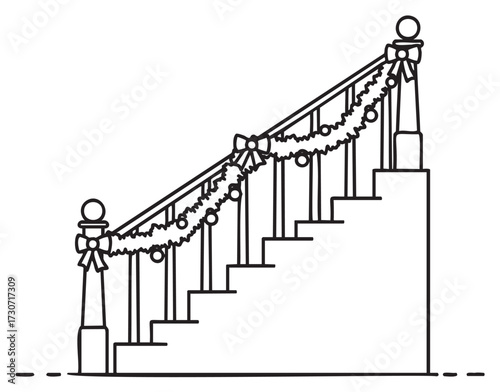 Festive staircase with garland and bows for holiday decoration - stock vector