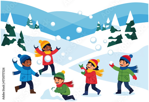 A group of diverse children joyfully playing a snowball fight in a snowy winter landscape with pine trees.
