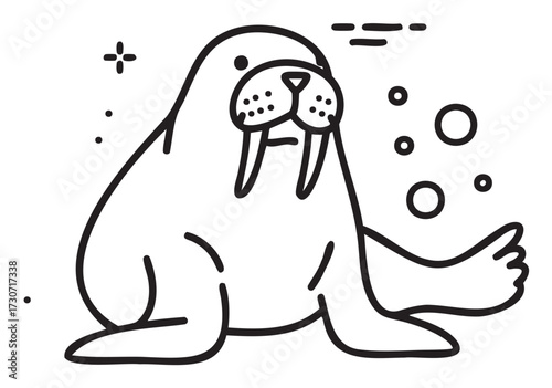 Cartoon walrus sketch with bubbles and stars in black and white - stock vector