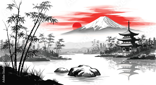 Stunning Japanese pagoda and Mount Fuji at sunrise with serene bamboo grove reflecting in tranquil water, evoking peace and tradition