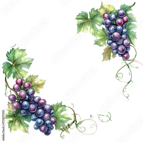 watercolor purple grape branch with leaves and clusters isolated png transparent background