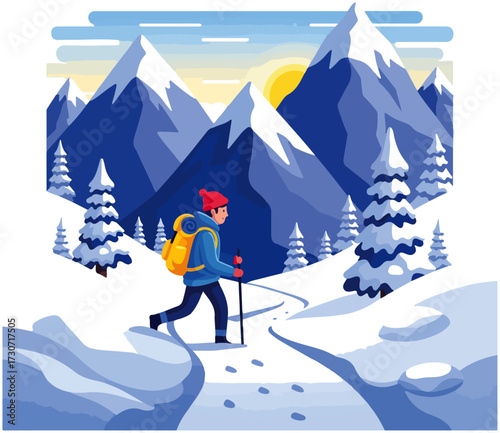 A person wearing winter gear hikes with a backpack and poles through a snowy mountain landscape at sunrise.
