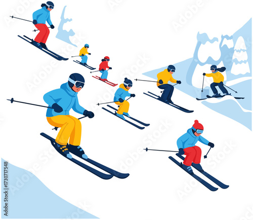 Group of people skiing down a snowy mountain slope.