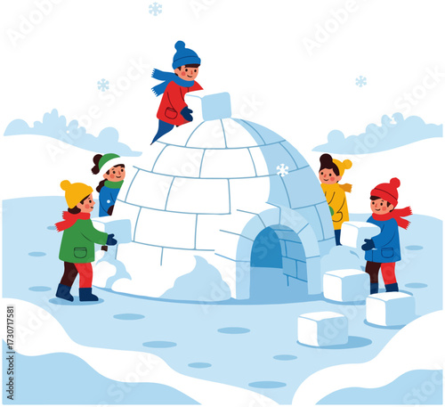 A group of diverse children in colorful winter clothes happily working together to build a large snow igloo.