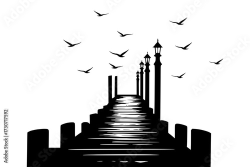 Black Pier Silhouette with Birds and Lampposts