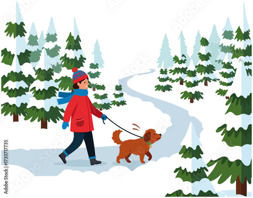 A person in a red coat walks a dog on a leash through a snowy forest scene.