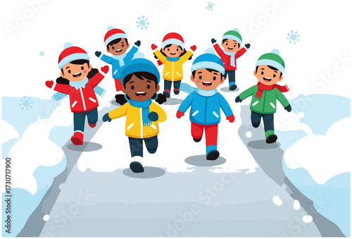 A group of diverse children in winter clothing joyfully running down a snowy path, with snowflakes falling around them.
