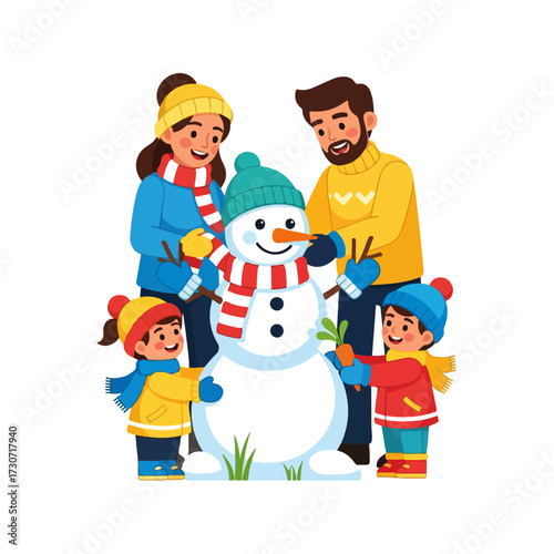 A happy family of four building a snowman together during winter, dressed in warm winter clothes.
