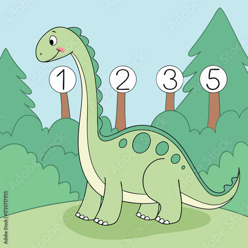 Cute cartoon dinosaur standing in a lush green forest landscape with trees isolated on transparent background