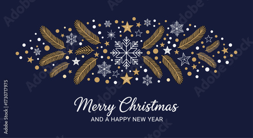Elegant Merry Christmas and Happy New Year greeting with festive golden pine branches, snowflakes, and stars on a deep navy background