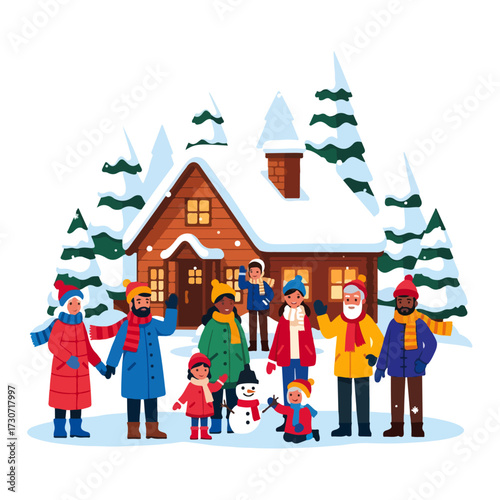 A diverse group of people of all ages gathered outside a snow-covered cabin, enjoying a winter day with a snowman.