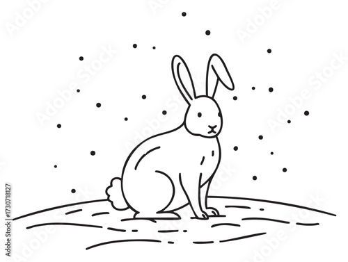 Black and white illustration of a rabbit in a snowy landscape - stock vector
