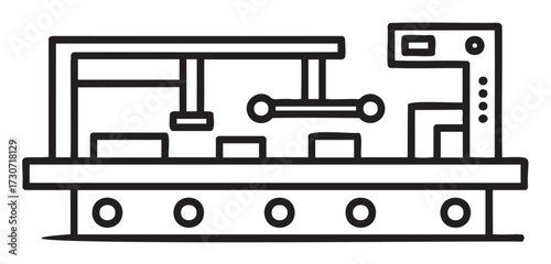 Outline drawing of automated production line with robotic arm and conveyor system - stock vector
