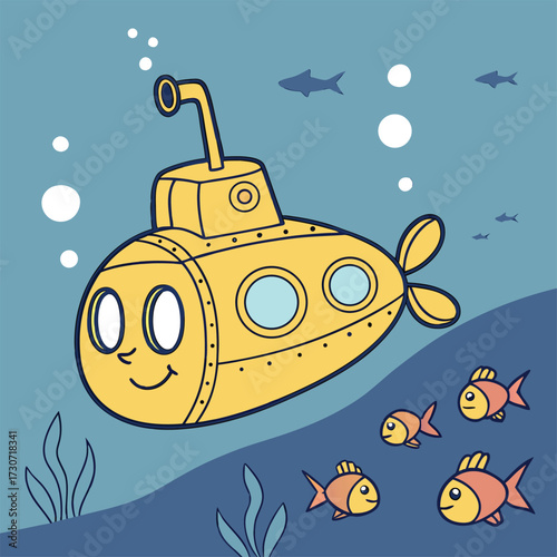 Cheerful yellow cartoon submarine explores ocean depths with little fish companions isolated on transparent background