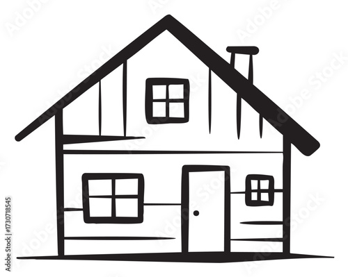 Simple black and white line drawing of a house with chimney and windows - stock vector
