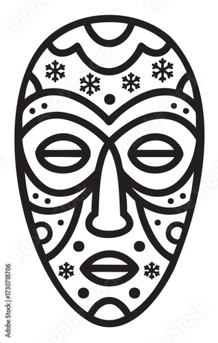 Black and white african tribal mask with geometric patterns and snowflake motifs - stock vector