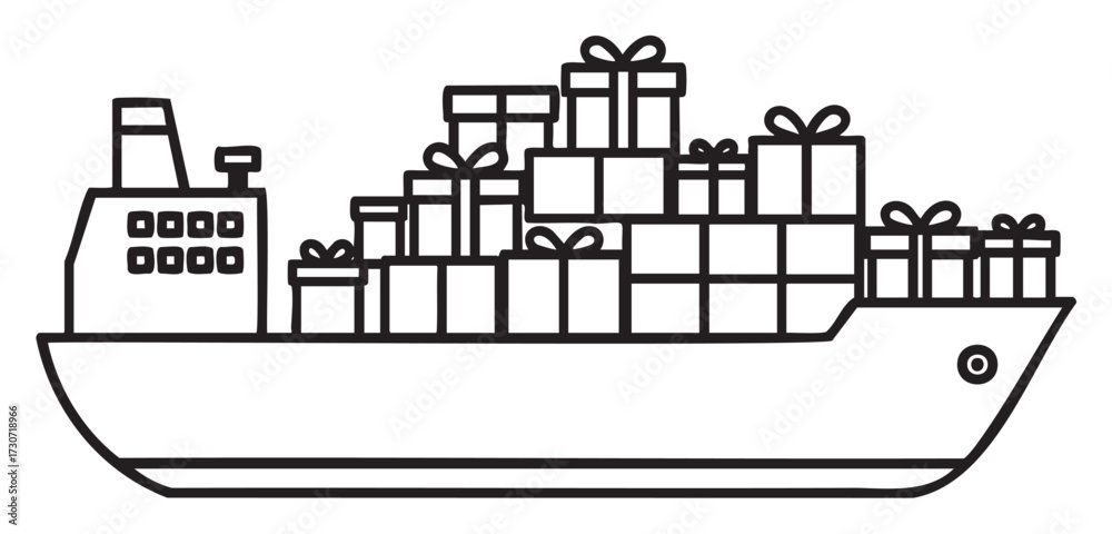Naklejka premium Cargo ship loaded with gift boxes in outline illustration - stock vector