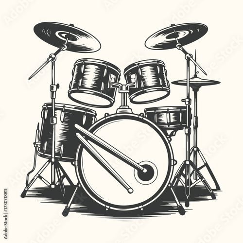 Vector art of a vintage black and white illustration of a drum kit, complete with snare drum, bass drum, tomtoms, cymbals, and drumsticks, isolated on a plain background