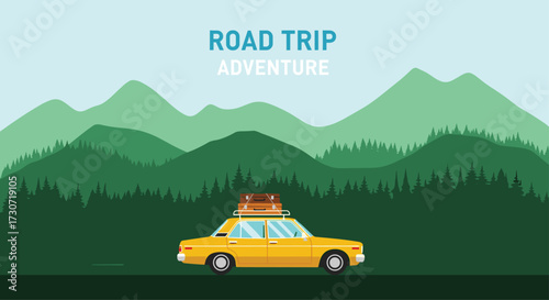Embark on an unforgettable road trip adventure with this adorable yellow car against a stunning mountain backdrop, perfect for travel inspiration and wanderlust