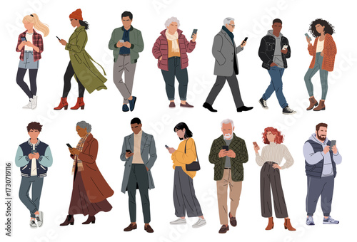 Flat vector illustration of diverse people in autumn clothes standing full length, using smartphones, texting and chatting, isolated on transparent background, modern communication concept