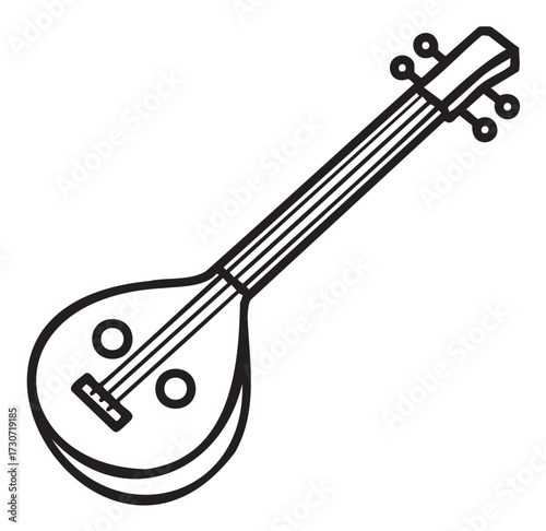 Black and white line art of a traditional stringed mandolin instrument - stock vector