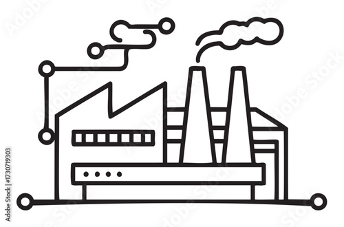 Industrial factory line art featuring smoke emission with connected network - stock vector