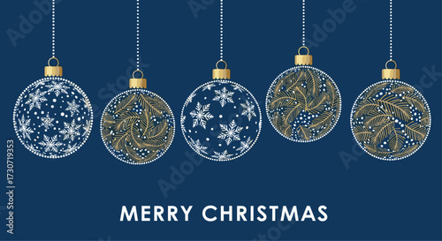 Elegant Christmas ornaments with winter foliage and snowflakes on classic blue backdrop, perfect for holiday cards and seasonal promotions